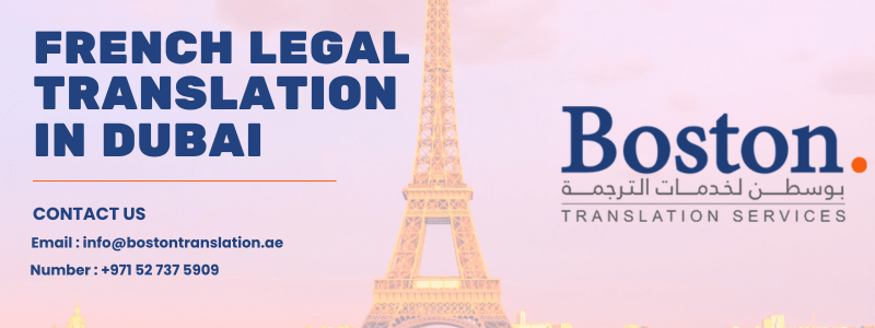 image with the title French legal translation in Dubai and contact details with a background of Paris Eiffel tower