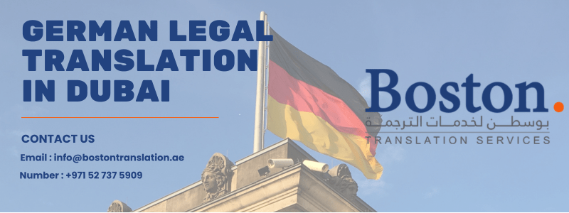 image with the title German legal translation in Dubai and contact details with a background of Germany flag.